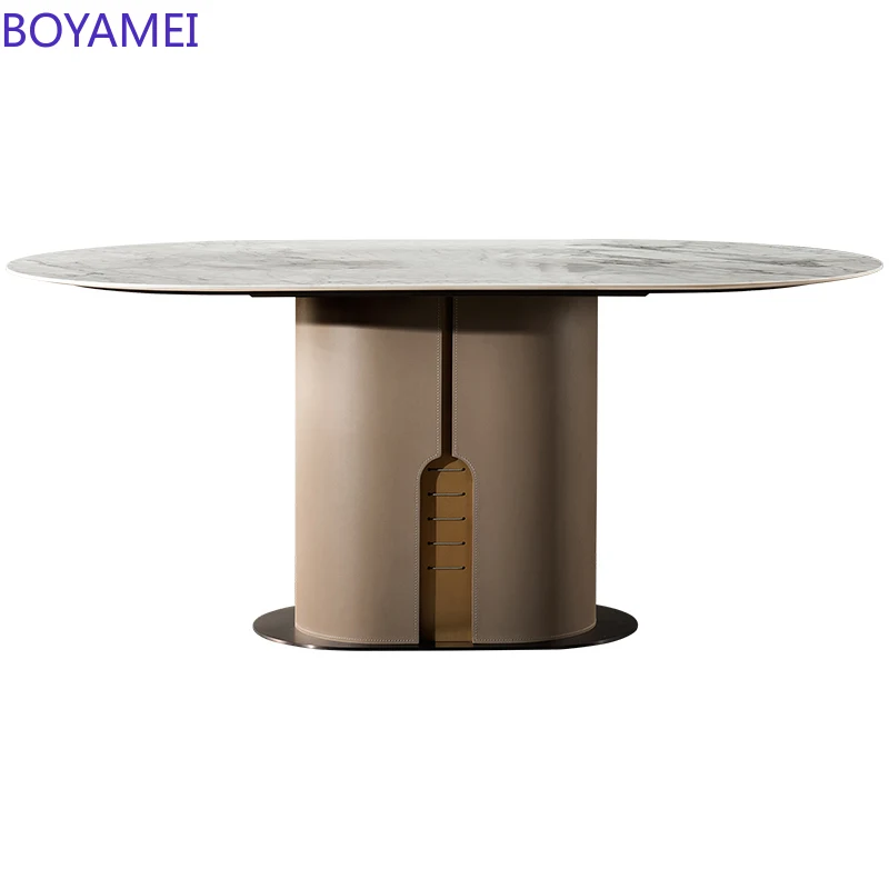 Italian minimalist marble dining table and chair combination High-end household luxury oval black walnut villa dining table