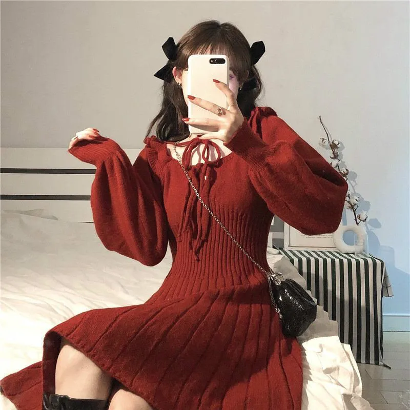 

Sweet Knitted Dress Women Winter Elegant Kawaii Mini Dress Female Japanese Style Korean Party Dress Christmas Clothes Women 2021