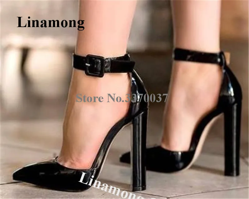 Linamong Women Elegant Pointed Toe Patent Leather Chunky Heel Pumps Ankle Strap Buckle White Black Thick High Heels Club Shoes