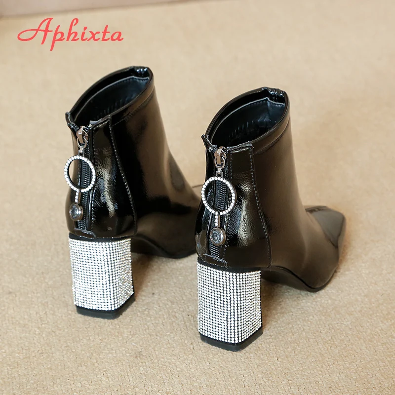 Aphixta Back Zipper Shoes Women Boots Crystal Square Heel Ankle Boots For Women Botines Mujer Ladies Shoes Fashion Woman Shoes