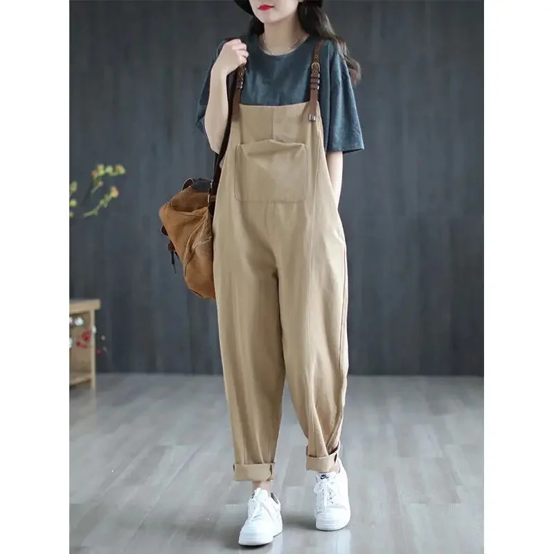 2023 New Literary Retro Overalls Women Spring Summer Woven Shoulder Width Loose Casual Strap Pants Female Cotton Linen Jumpsuit