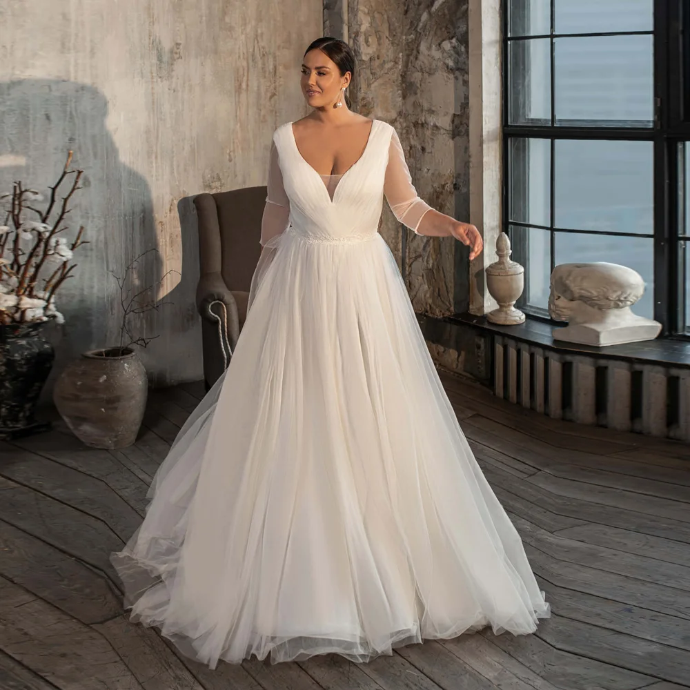 Elegant Wedding Dresses Plus Size Women Customized V Neck Long Sleeves Pleats Bridal Gown with Appliqued Sashes Wedding Dress