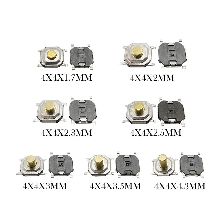 50Pcs 4x4mm SMD Tactile Push Botton Switch PCB Mini 4PIN Momentary Tact Switch Key Touch Switchs 4*4*4.3/3.5/3/2.5/2.3/2/1.7mm