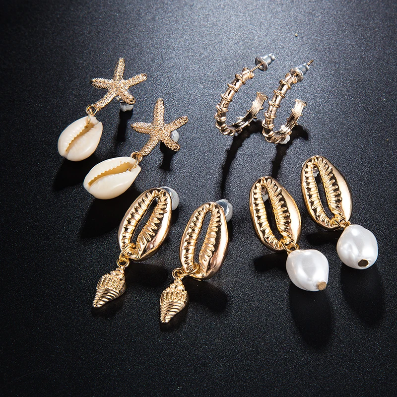 Tocona Bohemian Shell Starfish Conch Stud Earrings Sets for Women Luxury Pearl Stone Coconut Tree Summer Beach Earrings серьги