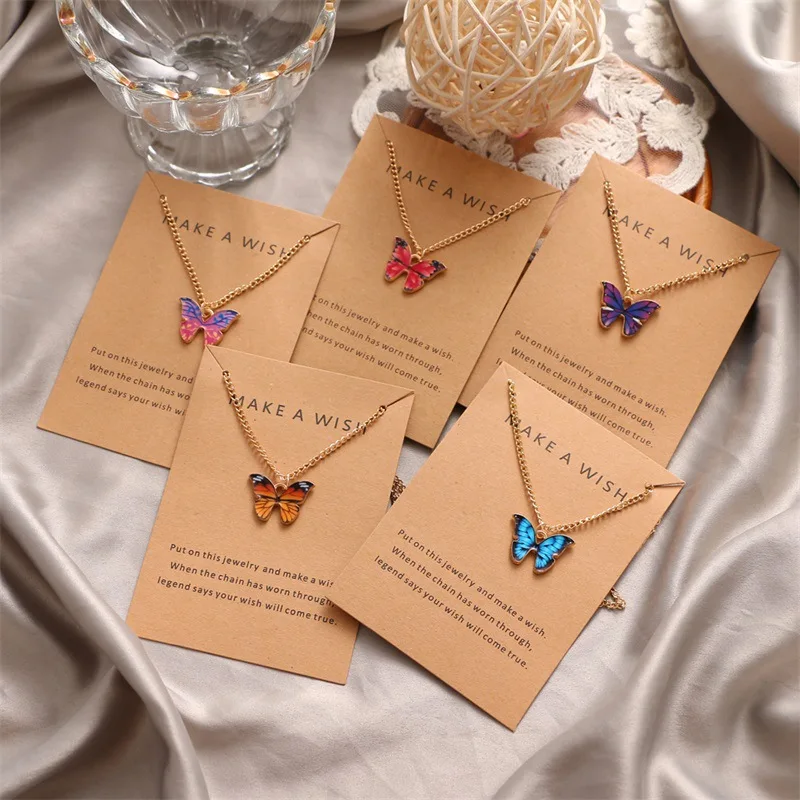 Korean Acrylic Cute Butterfly Pendant Necklace for Women Sweet animal Statement Necklace Jewelry With Gifts Card