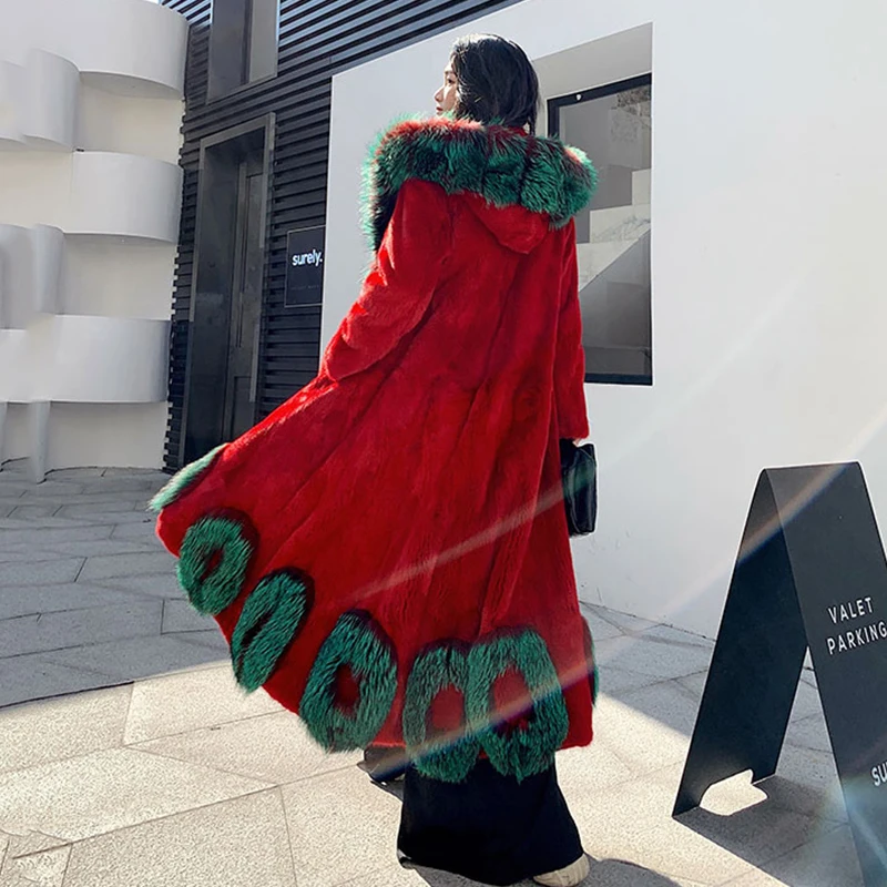เสื้อโค้ทขนมิงค์นำเข้าฤดูหนาว ผ้ากำมะหยี่ แต่งขนฟ็อกซ์ที่ฮู้ด ลายขนมิงค์ สำหรับผู้หญิง ยาวพิเศษ ขนมิงค์แท้ธรรมชาติ