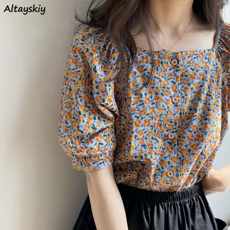 Blouse Women Puff Sleeve Retro Floral Single Breasted Womens Tops and Blouses Preppy Ulzzang Vintage Daily Stylish Femme Blusas