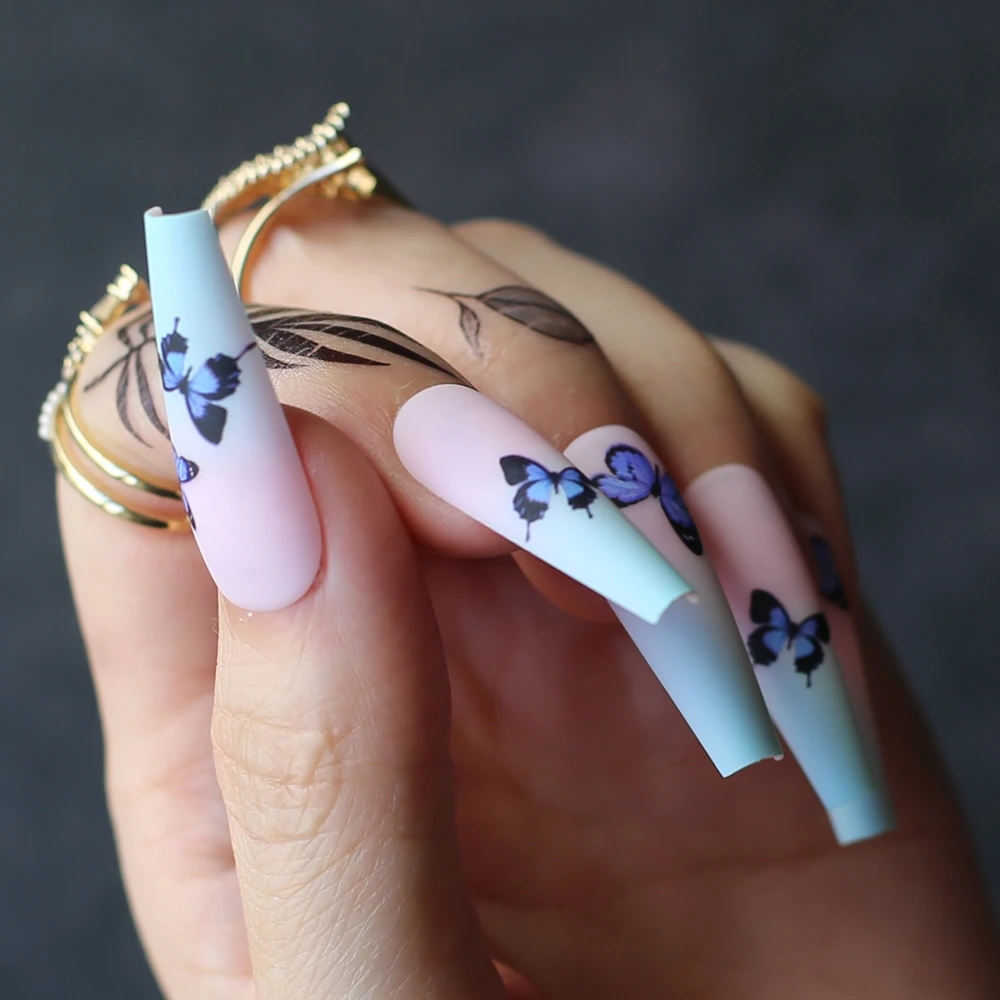 Extra coffin Fake nails ballet False nail Matte Ombre Baby blue Butterfly printing pink Cute, super long and high quality