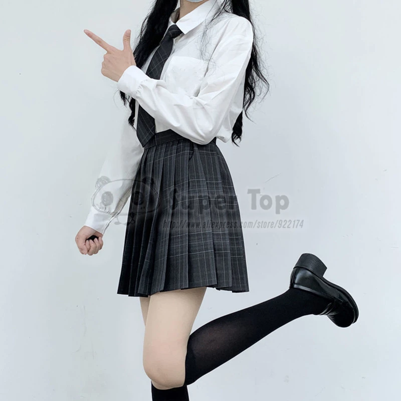 Charcoal gray JK Uniform Female Full Suit Summer Autumn White Shirt Original Pleated Skirt School Girl Clothes