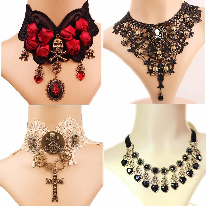 Fashion Tassel Punk Style Gothic Choker Necklace Red Rhinestone Charms Vampire Maxi Necklace Vintage Tattoo Lace Pendant Wedding