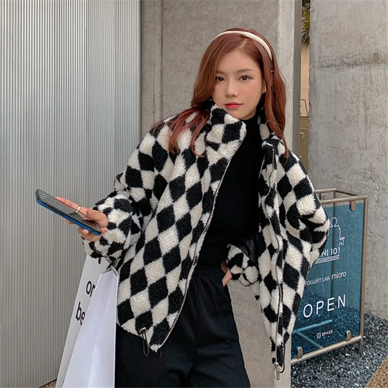 2024 Fall Winter Women Faux Grain Cashmere Plaid Short Coat Stand Collar Long Sleeve Drawstring Loose Casual Female Fur Outwear