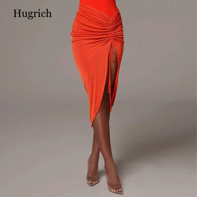 New High Waist Lace Up Mini Skirts Womens Ruched Drawstring Hip Sexy Tight Slit Skirt Club Wrinkled Irregular Orange Pary