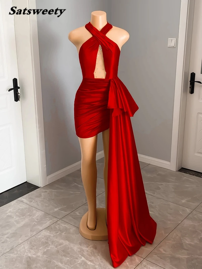 Red Evening Dress Halter Sexy Sleeveless Short Front Long Back African Women Unique Satin Formal Gowns