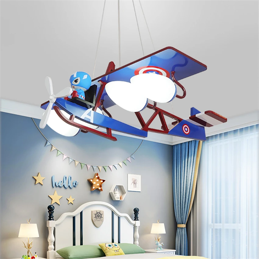 American cartoon blue captain aircraft pendant lights children's room boys lamps modern bedroom Plane hanging lights lighting