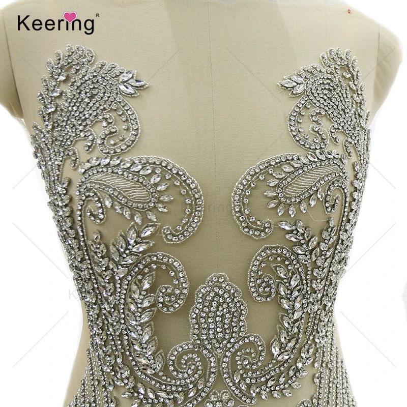 Large Rhinestone Applique for Sewing on Dress, Heavy Patch, Crystal Beaded Body, Evening Prom, Handmade Supply, WDP-406