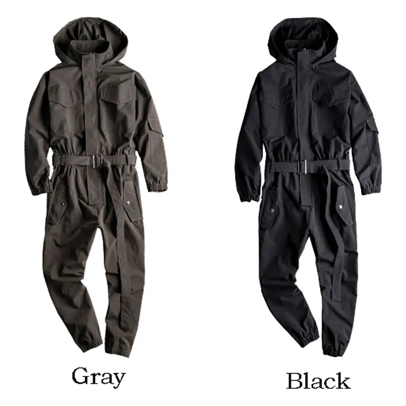 Summer New Men Jumpsuit Hooded Long Sleeve Multi-Pocket Beam Feet Overalls Streetwear Clothing Hip Hop Cargo Pants