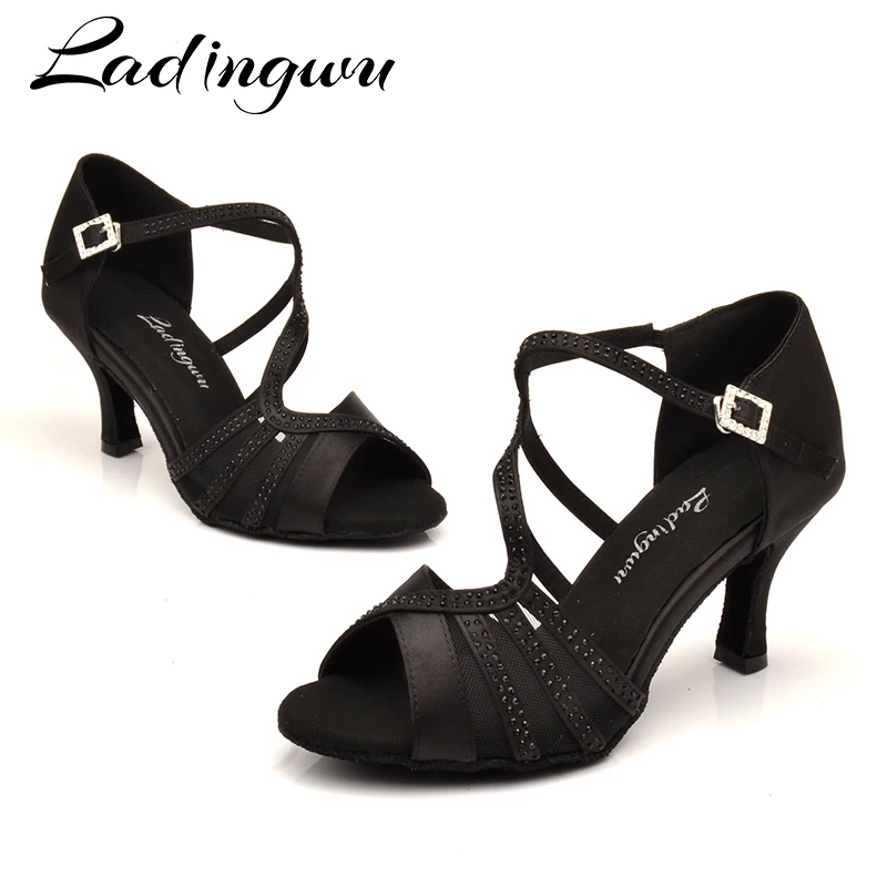 Ladingwu New Latin Dance Shoes Women Salsa Ballroom Dancing Rhinestone Shoes Unique Tailoring Design Silk Satin Skin color Red