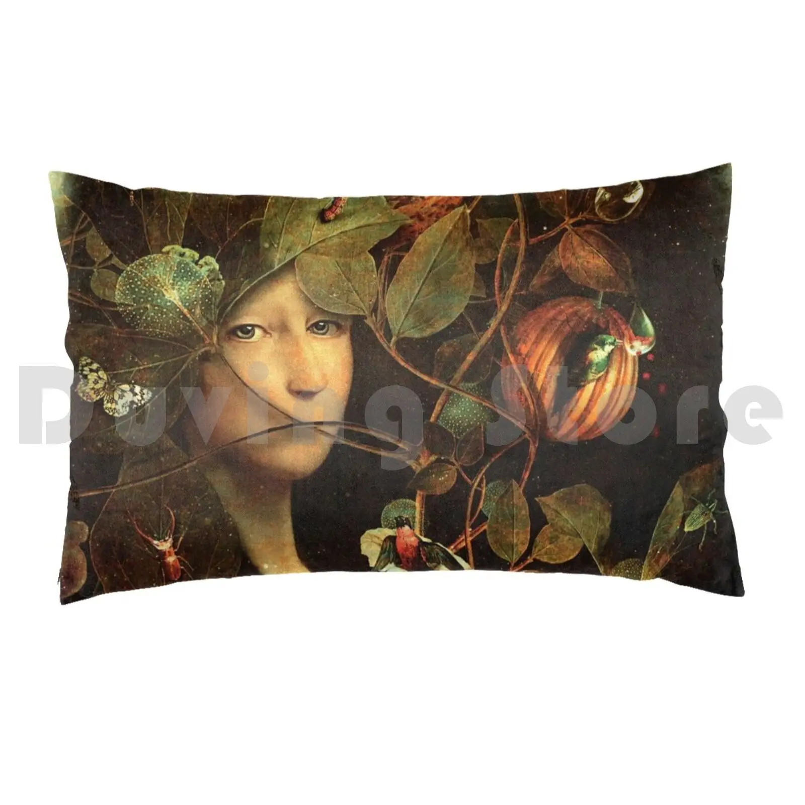 Alchemical Garden Pillow Case Printed 50x75 Woman Medieval Fine Art Contemporary Marta Orlowska Green Nature