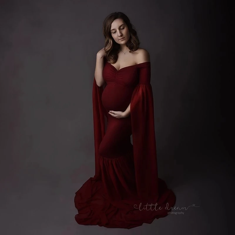 

Cotton Shoulderless Maternity Dresses For Photo Shoot Sexy Fancy Pregnancy Maxi Gown Ruffles Pregnant Women Photography Props