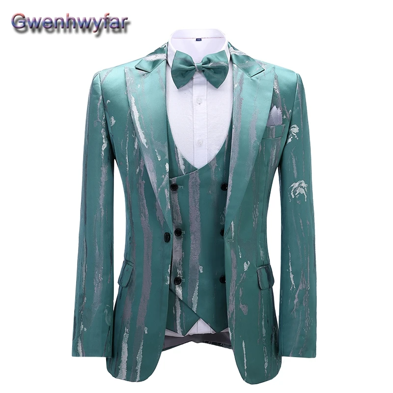 Gwenhwyfar New Men\'s Wear Print High Quality Party Veste Costume 3 Pcs Suit Male Slim Fit Groom Wedding Tuxedo Blazer Masculino