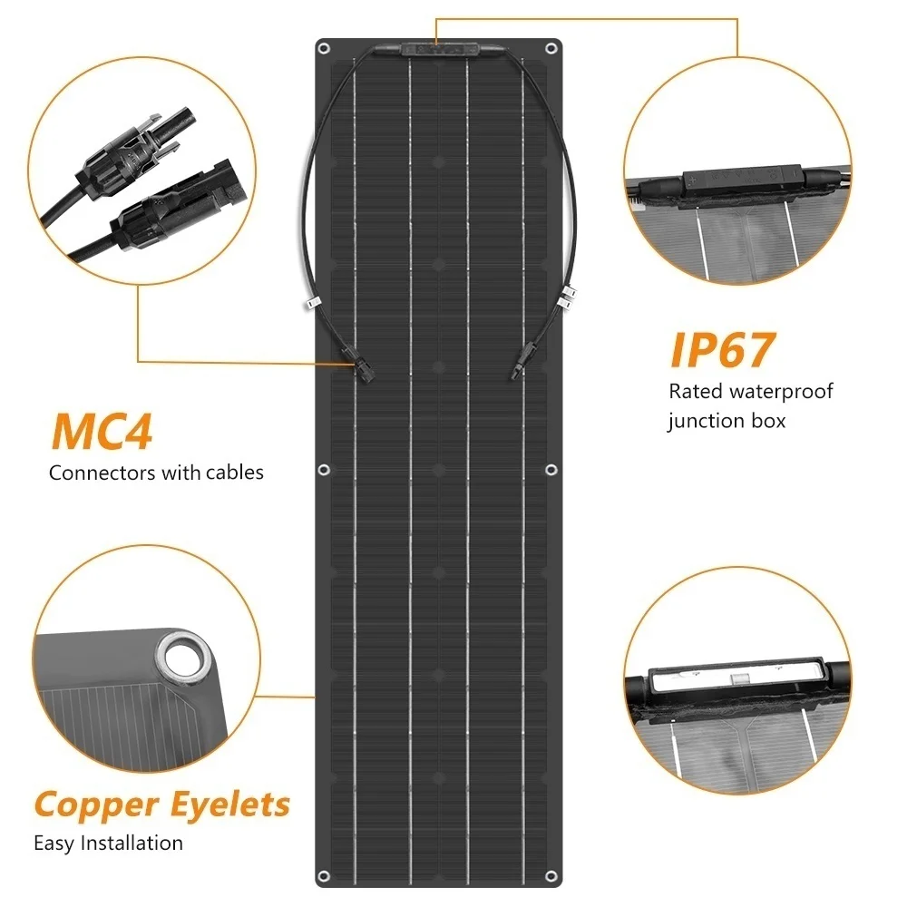 100 Watt Flexible Solar Panel Kit de Panel Solar Flexible de 100 vatios, Placa de silicio monocristalino de alta eficiencia, células PV, sistema de