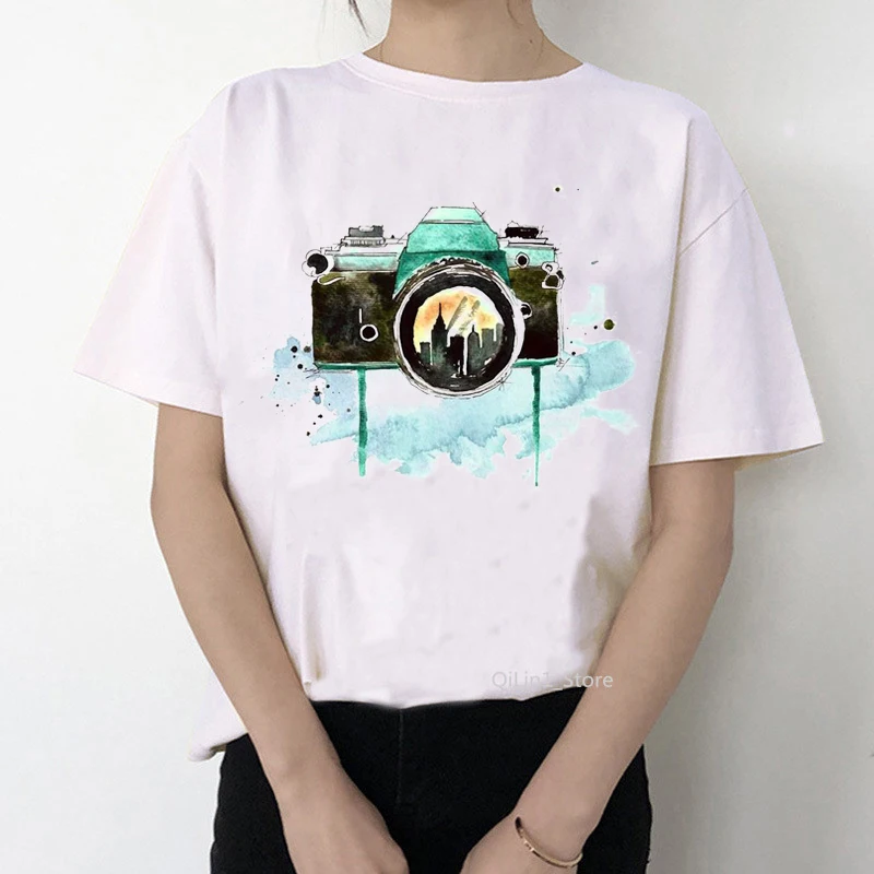 Retro Camera T-Shirt Female Watercolor Flowers Camera Printed Vintage Tee Shirt Femme White T Shirt Graphic Tshirt Tops Clothes