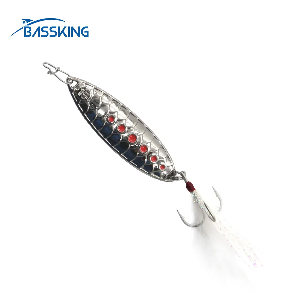 BASSKING High Quality 10g 15g Metal Spoon Bait Sequins With Feathers Treble Hook Artificial Bait Pesca Fishing Lure Bass Wobbler