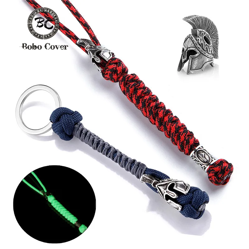 LLavero de cordón de Guerrero espartano vikingos hecho a mano, llavero de cuerda de Paracord de supervivencia fluorescente, cuchillo de bolsa de Camping, llavero de llave de coche