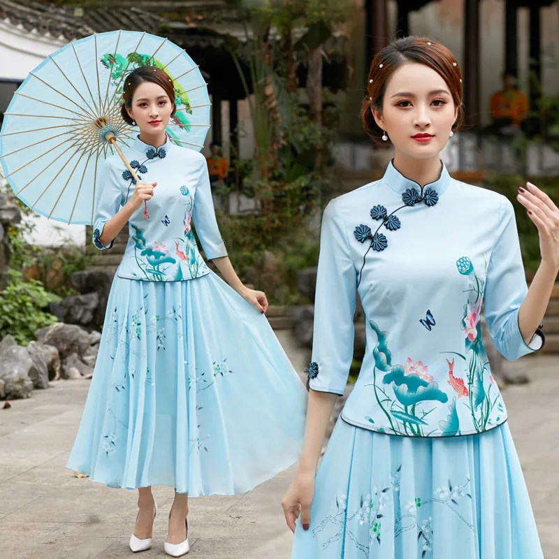 

Sheng Coco Shirt Tops Suit Women Butterfly Lotus Printed Chinese Traditional Cheongsam Top Set Qipao Blouse Plus Size Hanfu