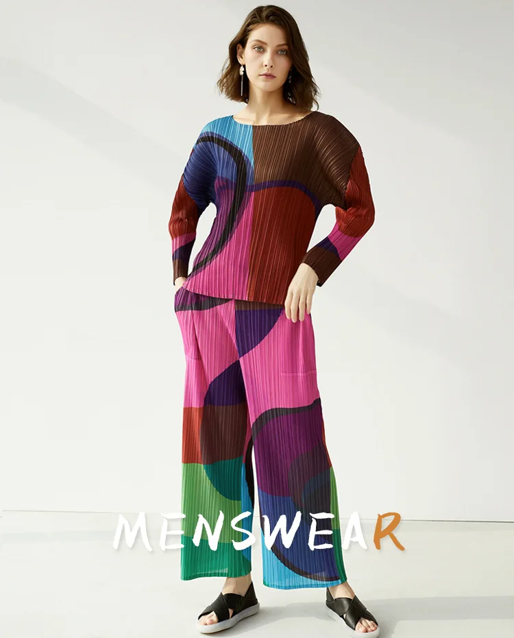 HOT SELLING Miyake Fashion fold o-neck T-shirt + ankle-length pants  geometry print suit IN STOCK