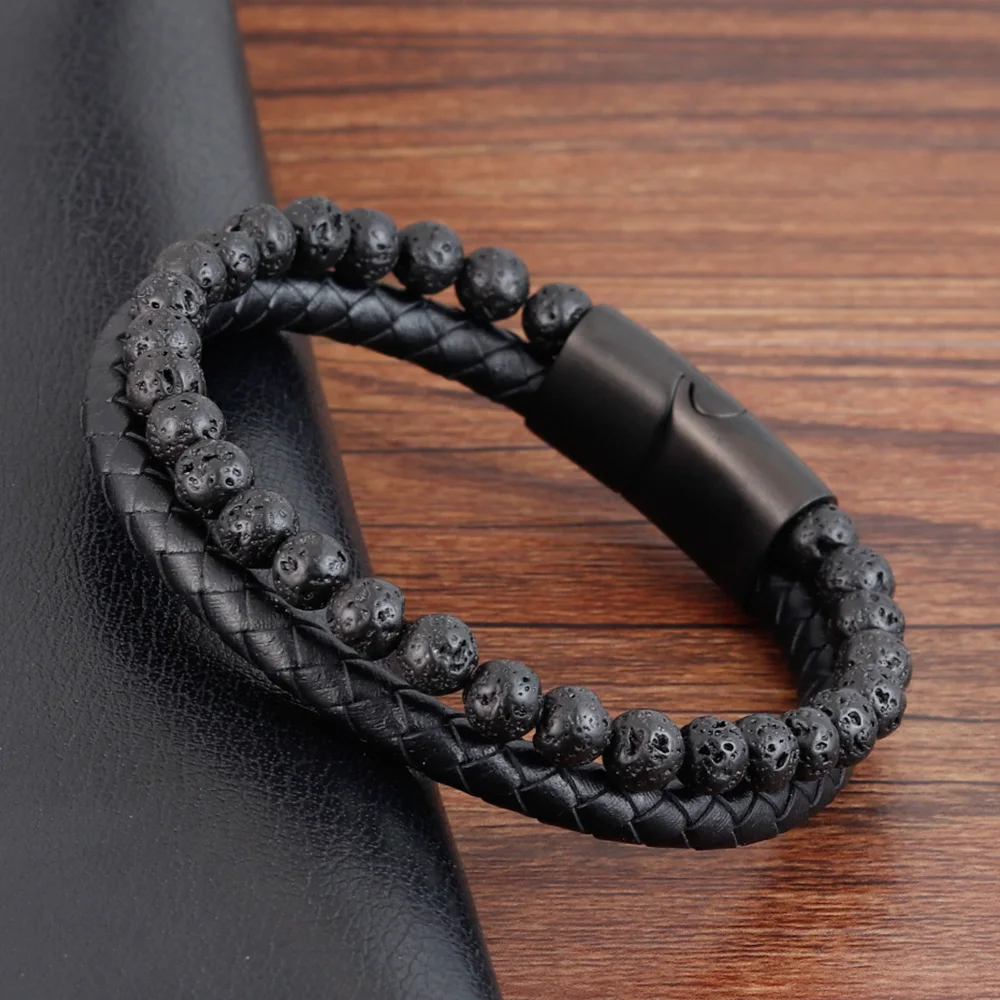 Punk Men Braid Bracelet Multilayer Leather Natural Stone Beaded Bangle Stainless Steel Magnetic Clasp Male Jewelry
