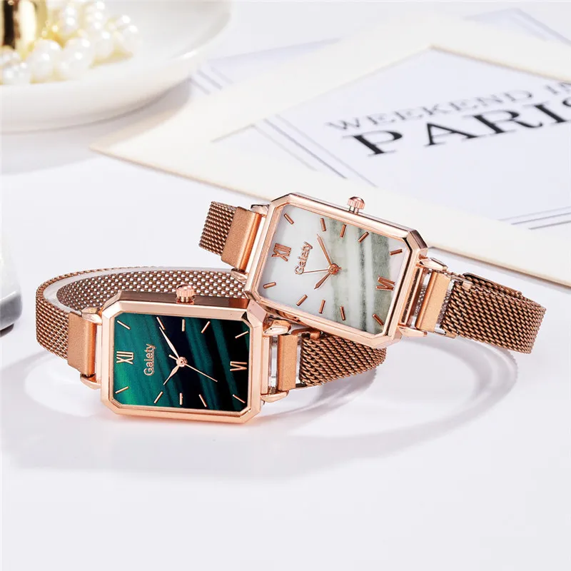 Women Fashion Quartz Watch Bracelet Set Green Dial Luxury Women Watches Simple Rose Gold Mesh Ladies Watch Dropshipping