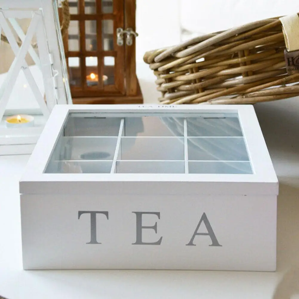 Bamboo Tea Box with Lid 9-Compartment Coffee Tea Bag Storage Holder Organizer for Kitchen Cabinets