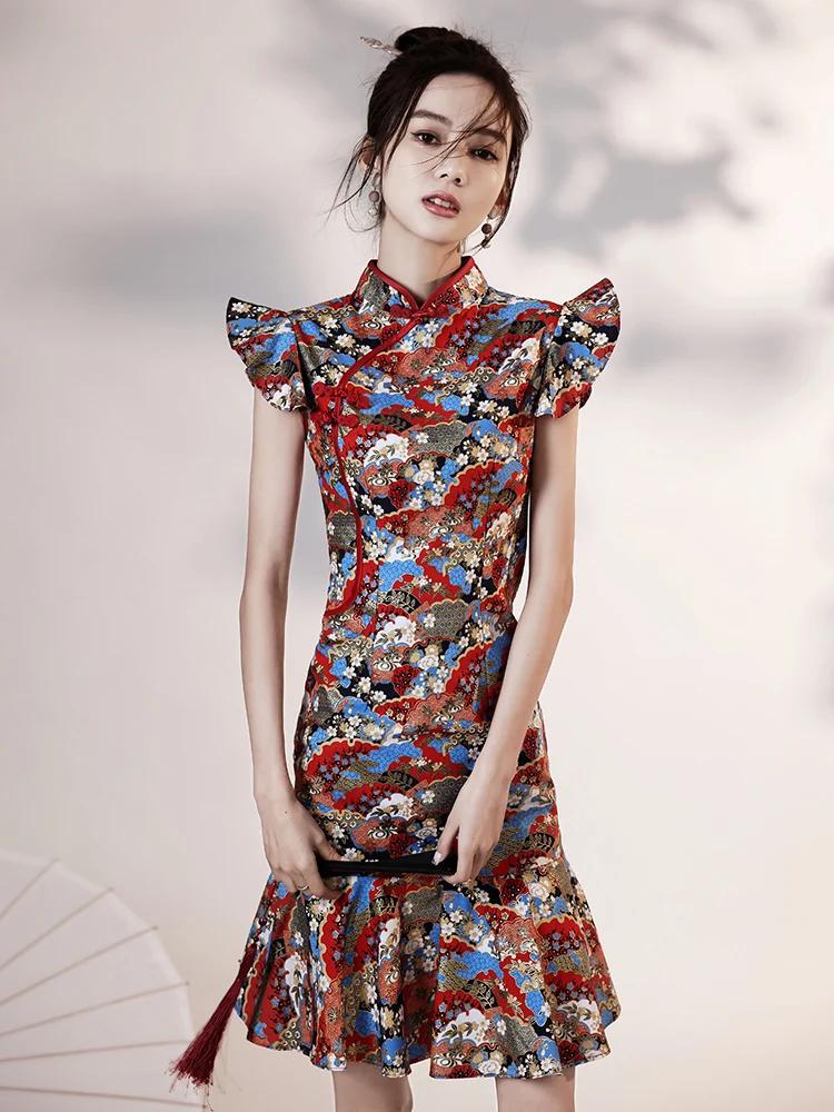 Chinese Dress Red White Print Satin Qipao Dresses Large Size Cheongsam Dress Sweet  Cheongsams Retro Traditional Mini Qipao Robe