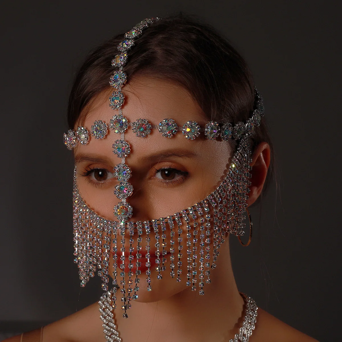 Rhinestone Tassel Chain Veil Masks Face Mask Dance Party Costume Head Decor Halloween Masquerade Nightclub Show for Women Props