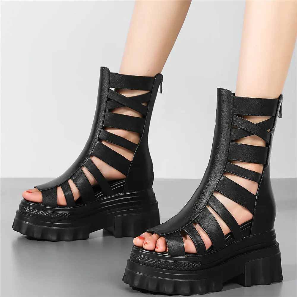 

High Top Chunky Platform Pumps Women Genuine Leather High Heel Gladiator Sandals Female Round Toe Fashion Sneakers Casual Shoes