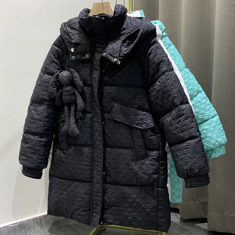 2021 inverno jaqueta feminina longo parkas boneca decorar moda xadrez com capuz para baixo jaquetas grosso quente de alta qualidade algodão casaco feminino