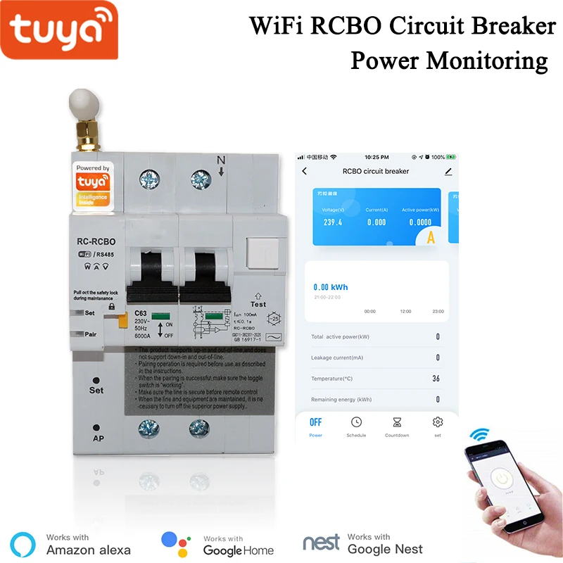 Tuya Smart  APP RCBO Circuit Breaker with Power Monitoring 2P 16A-100A WiFi RCBO MCB Leakage Current  Short Circuit Protection