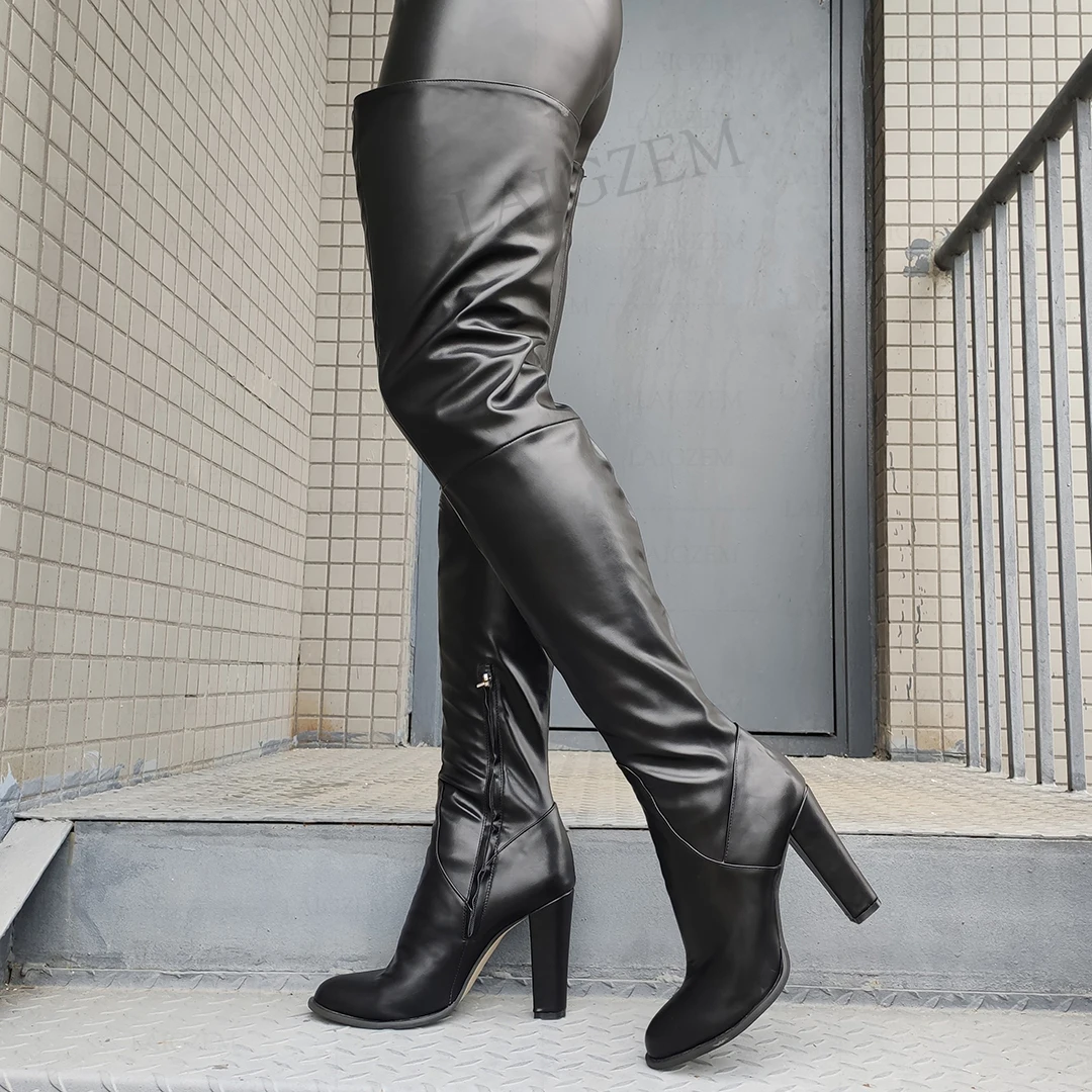 LAIGZEM Women Thigh High Boots Round Toe Chunky Thick Heels Side Zip Frauen Stiefel Faux Leather Shoes Woman Big Size 40 47 52