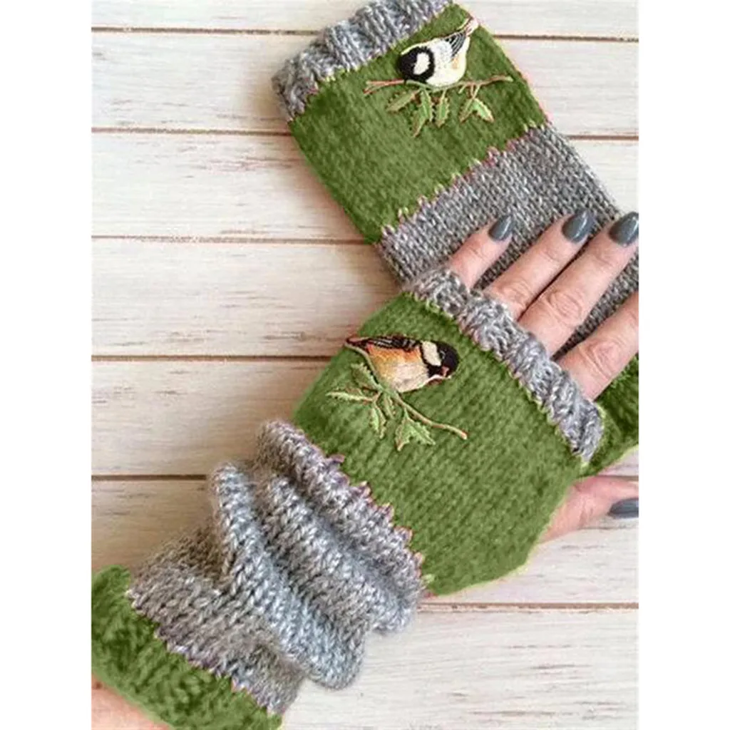 

Birds Embroidery Gloves Women Knitted Fingerless Plus Velvet Color Block Splice Mittens Womens Girls Gloves Rekawiczki Damskie