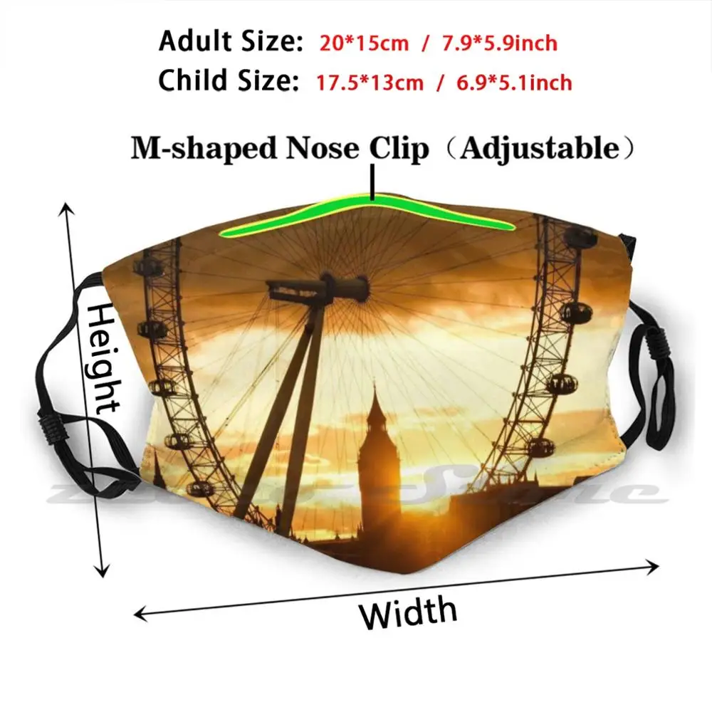 Moldando o pôr do sol em londres inglaterra-o olho de londres e grande ben máscara pano reutilizável filtro de impressão lavável geórgia mizuleva