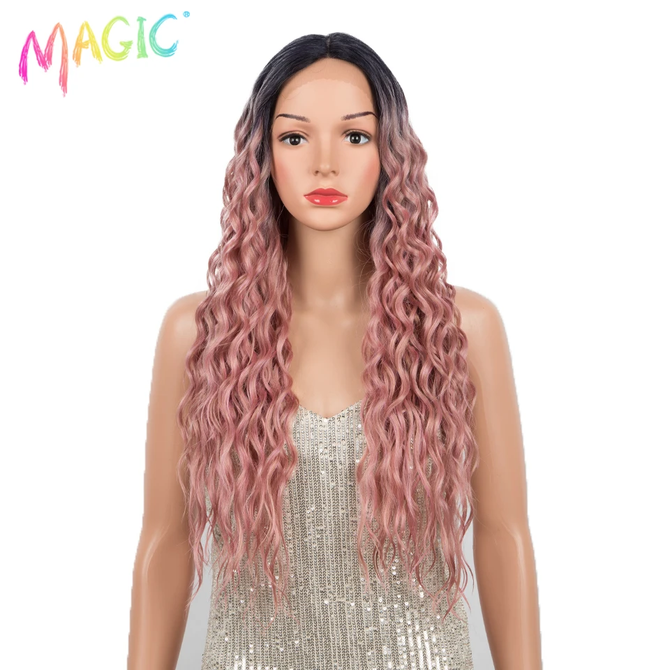 

Magic Lace Wig Synthetic Long 28 Inch Natural Wave Ombre Blond Pink Color Hair Wigs For Women Fashion Cosplay Lolita