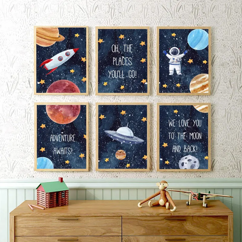 

Nursery Wall Art Space Astronaut Picture Spaceship UFO Posters and Prints Children's Room Decoration Universe Picture for Kid