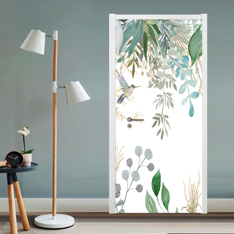 PVC Selbst-Adhesive Tür Aufkleber Moderne 3D Tropische Pflanze Blätter Blumen Und Vögel Wandbilder Tür Poster Wohnzimmer Wasserdicht aufkleber