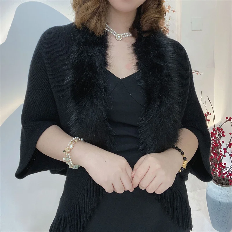 Fur Collar Cardigan Sweaters Women Poncho Wrap Capes Tassel 2022 Spring New Fashion Poncho Cloak Cardigants Coats for Women