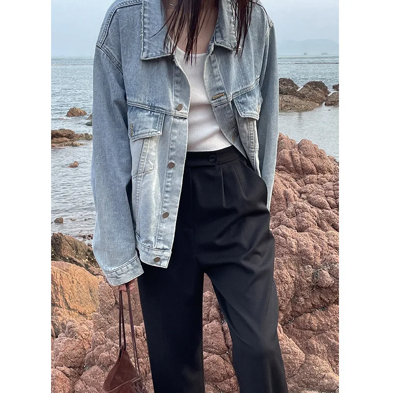 

Women coat denim jackets parkas Autumn BF style vintage denim coat 2021 new loose washed denim top Women jacket