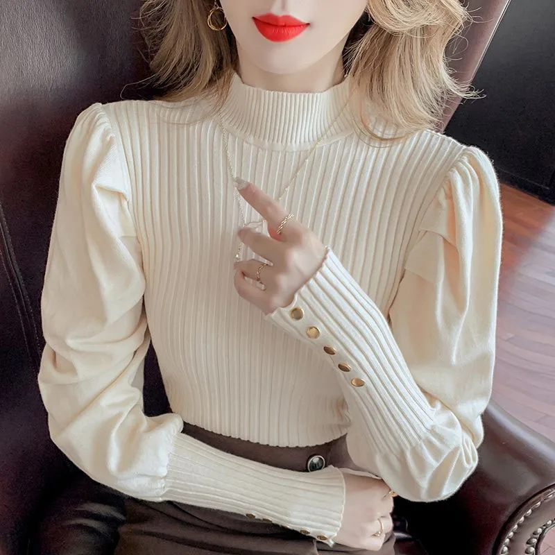 Lucyever Fashion Bubble Lantern Sleeve Knitted Tops Woman 2022 Spring New Bottoming Shirt Women Turtleneck Solid Mujer Jumpers