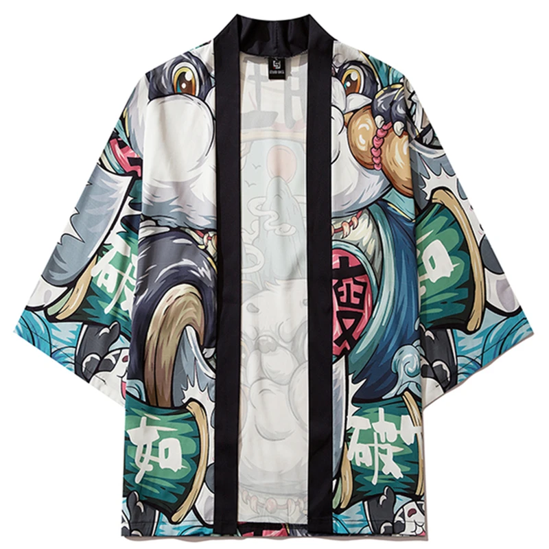 Calças japonesas Yukata para homens e mulheres, roupas asiáticas, quimono cardigan, estampa de panda tradicional do anime, roupas Haori femininas