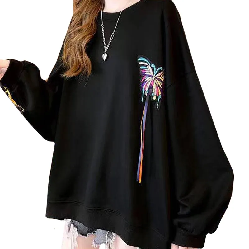 Thin Spring Autumn Loose Female Clothes Casual Women Sweatshirt Harajuku Embroidery Tassel Fantasy Butterfly Pullover Female