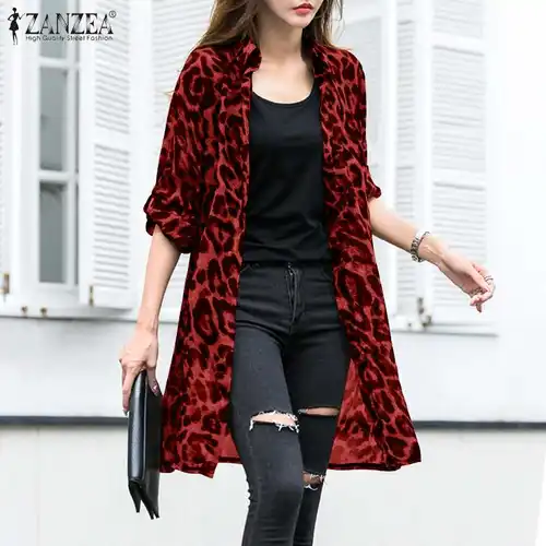 Imagen 2 del producto Cárdigans con estampado de leopardo para mujer, blusas tipo pareo de verano, ZANZEA 2025, capa tipo Kimono larga informal, Túnica con solapa para mujer